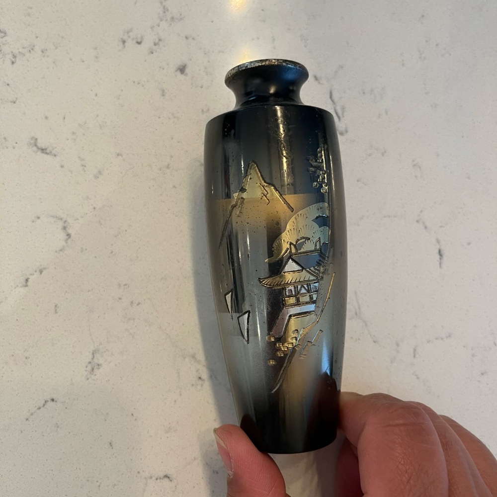 Vintage Japanese Metal Etched Mountain Landscape Decorative Vase